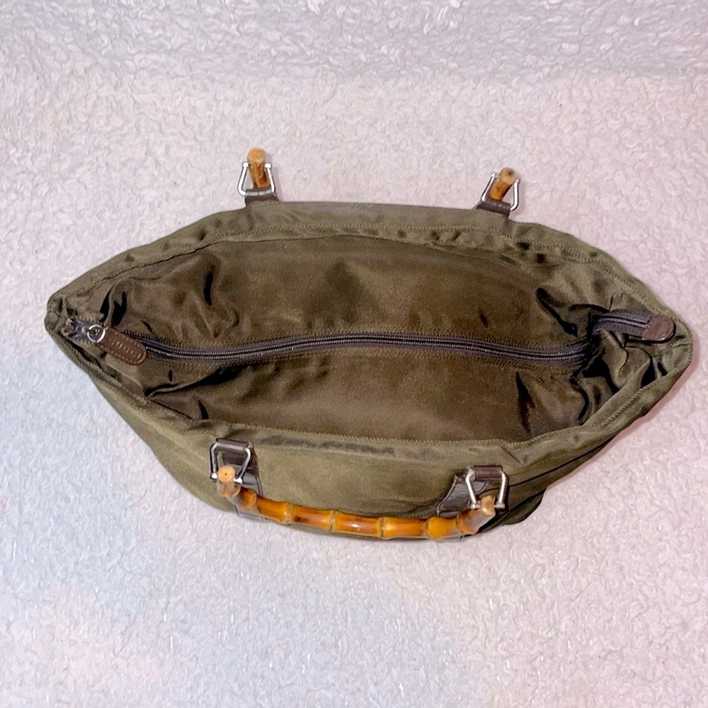 Gucci Vintage Bamboo Handle Nylon Leather Large Shopper Tote Olive Green Brown - Picture 11 of 15